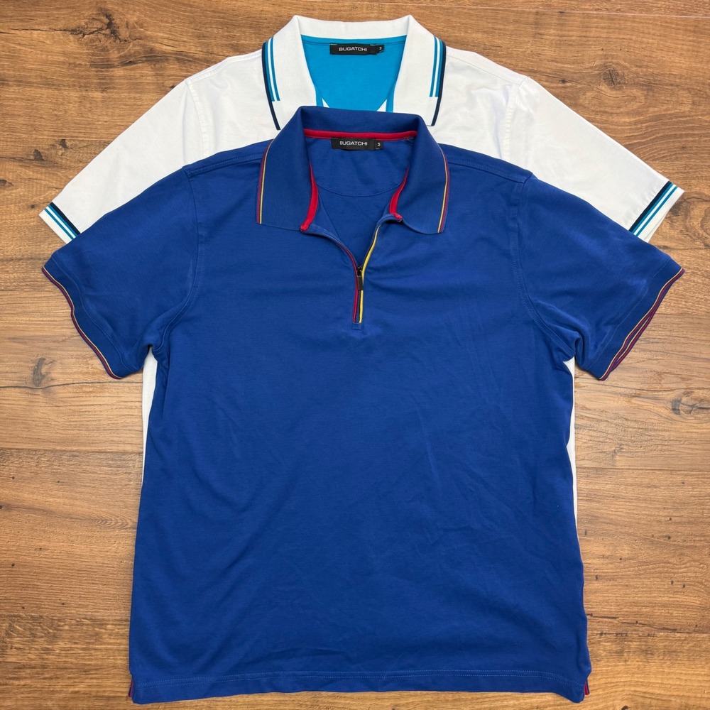 BUGATCHI Lot of 2 Mens Medium Blue White Short Sleeve 1/4 Zip Polo Shirt Preppy‎